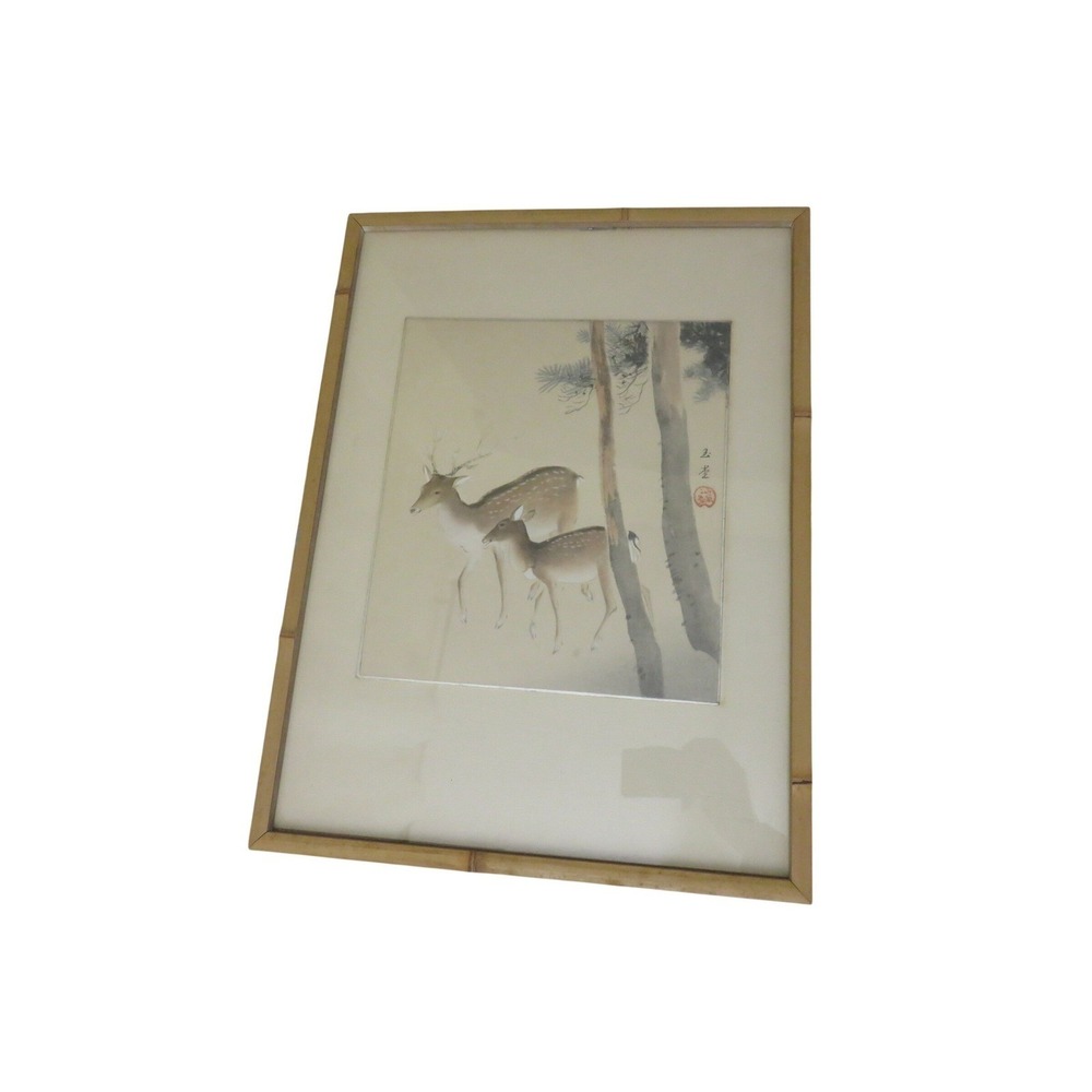 Vintage Japanese Deer Original Painting Signed Takashimaya NY Bamboo Frame